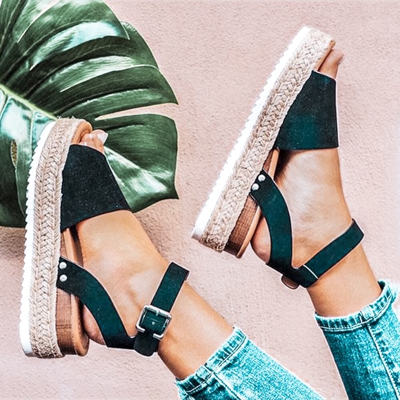 Black Ankle Strap Espadrille Flatform Sandals - Picture 2 of 2